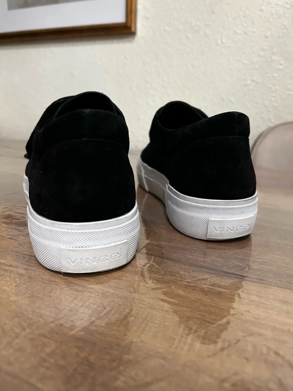 Vince Black Suede Slip-On Loafers with White Platform Sole